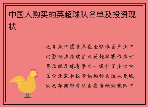 中国人购买的英超球队名单及投资现状