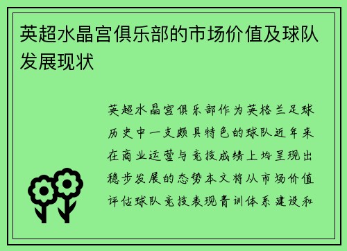 英超水晶宫俱乐部的市场价值及球队发展现状