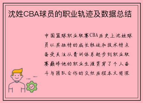 沈姓CBA球员的职业轨迹及数据总结